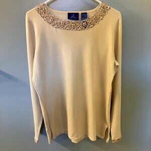 J H Collectibles Embossed Knit Sweater Beads Crochet Cream Large